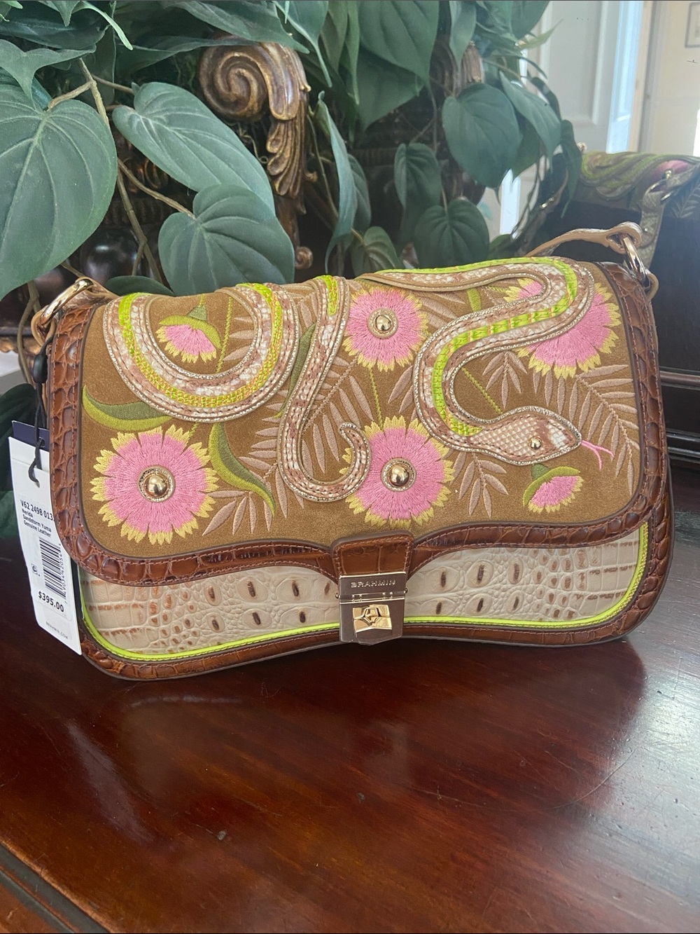 Brahmin  Nerida Embroidered  Leather Shoulder Bag in Brown with Pink  Accents